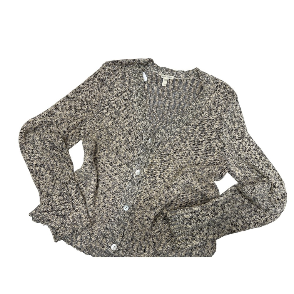 Eileen Fisher Cardigan Womens Medium Gray Excellent Marled Knit V-Neck Button Up